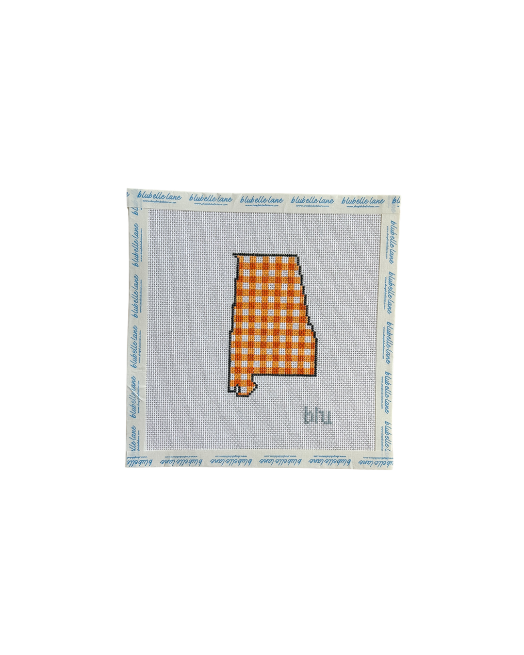 Gingham Alabama-shaped needlepoint canvas with Auburn colors