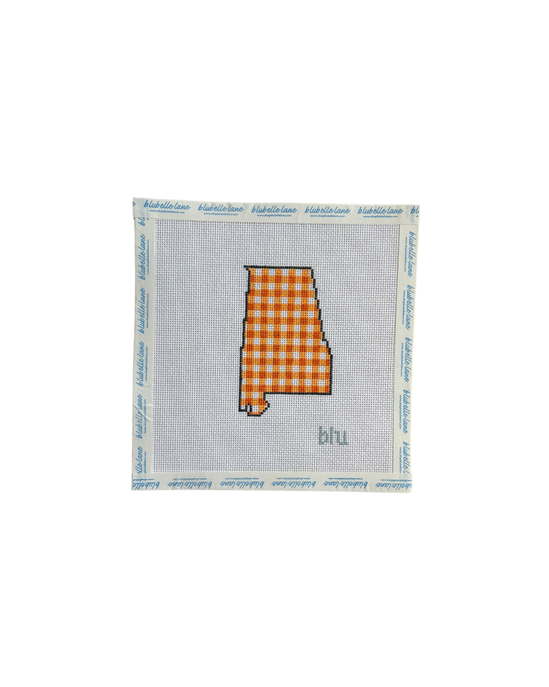 Gingham Alabama-shaped needlepoint canvas with Auburn colors